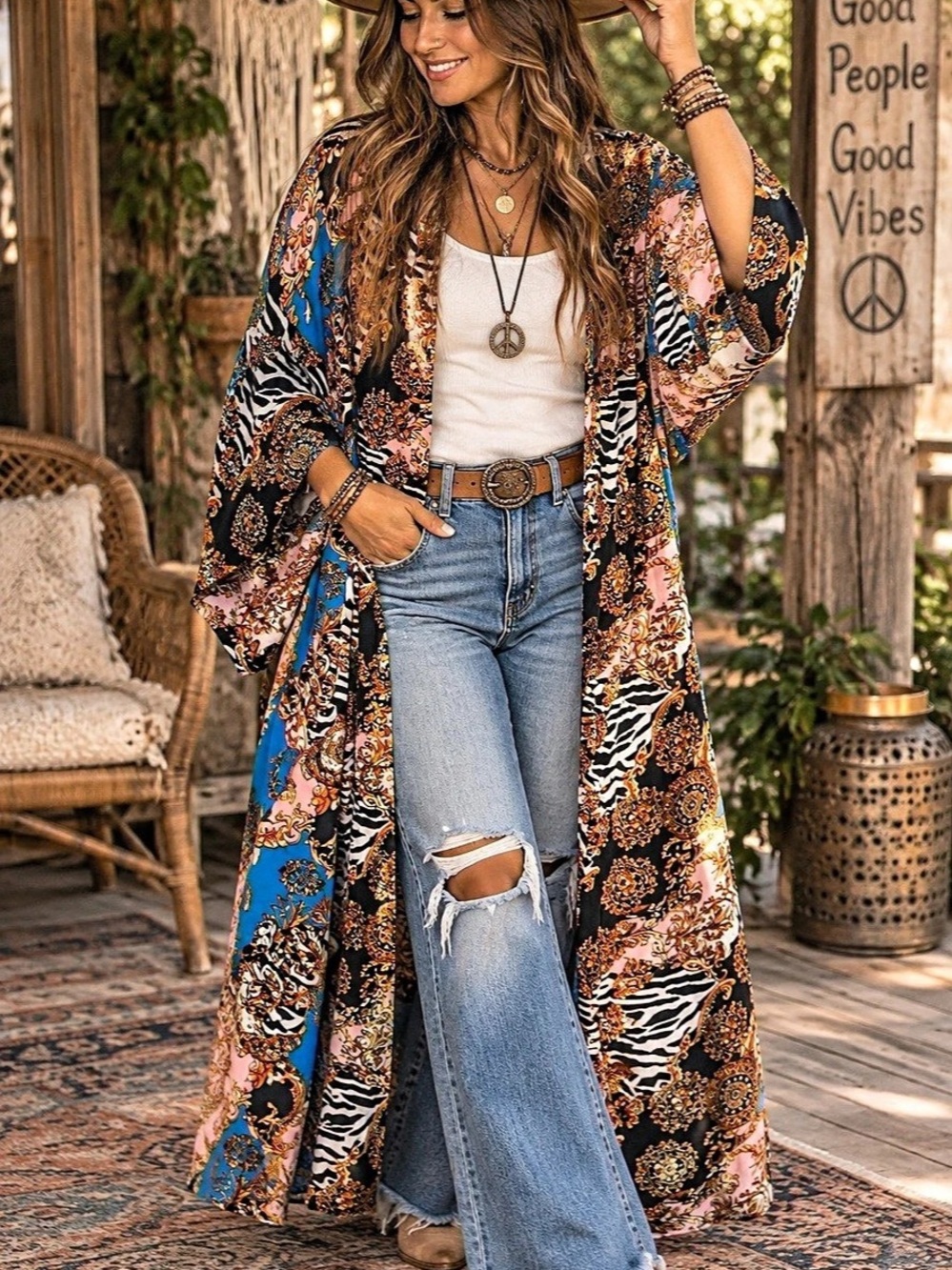 Cofandy Printed Long Kimono Robe in Blue & Black Like New. 24” PTP. 100% Rayon